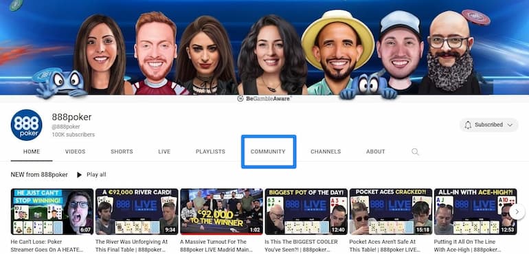 La pagina youtube di 888poker!